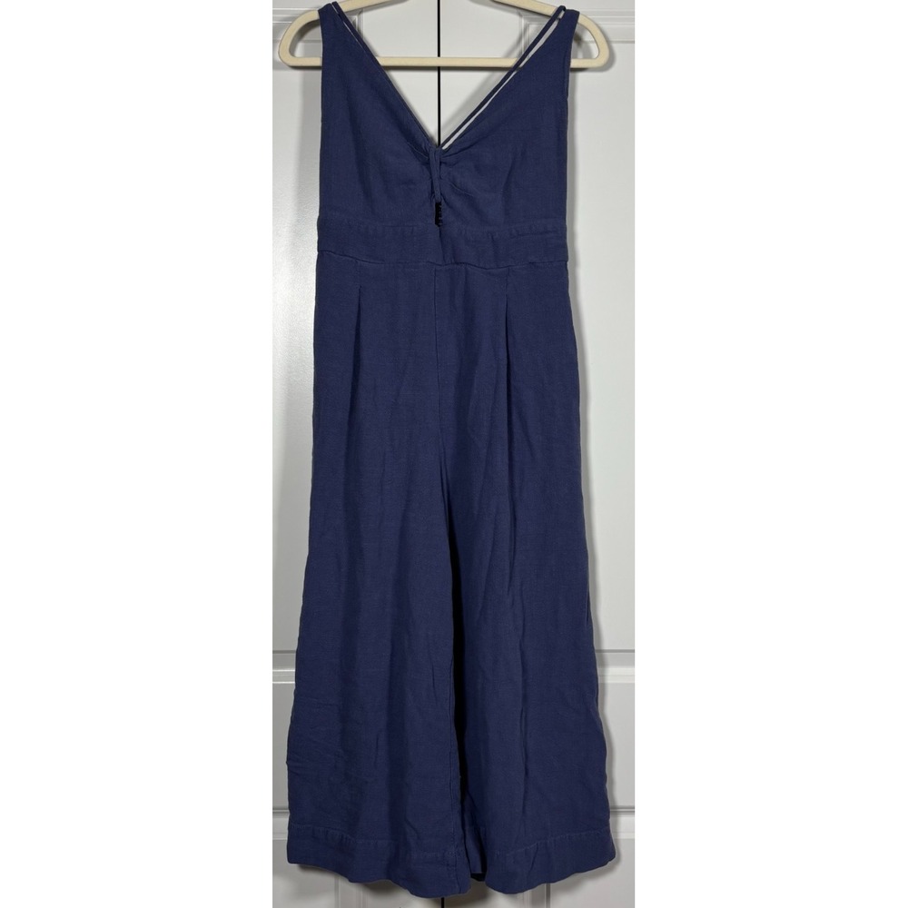 Womens Jumpsuit Navy Blue V-Neck Twist Front Smocked Pockets Wide-Leg Comfort L